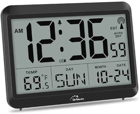 WallarGe Atomic Digital Wall Clock Battery Operated, Self-Setting, Large Display with Temperature, Date, Day of The Week, Silent Wall Mount Digital Clock, 4 Time Zones, DST