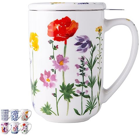 AmorArc Porcelain Tea Mug with Infuser and Lids, 18 Oz Tea Cup Strainer with Tea Bag Holder for Loose Leaf Tea, Tea Steeping Coffee Mug for House-warming Wedding Birthday Gift, ATC037