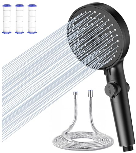 Duschkopf mit Filter, Hochdruck Handbrause mit Schlauch 1.5M, Duschkopf Wassersparender 4.6L/Min, Hochdruck Handbrause 5 Strahlarten, Funktion Wasserstop-Schwarz