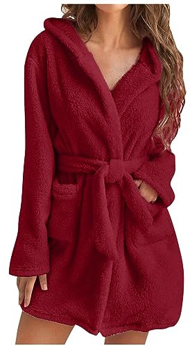 Plüsch Bademantel Damen Lässige Einfarbig Winterjacke Lange Pyjama Langarm Jacke mit Kapuze Herbst Winter Übergangsjacke Weicher Warme Plüschjacke Gürtel Nachthemd Große Größen Nachtwäsche Hausmantel
