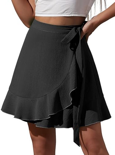 FEOYA Damen Röcke Kurz Sommer Minirock Einteiliger A-Linien-Rock mit Gürtel Ruffle Wickelrock 01 Schwarz XL