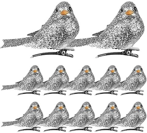 Hemore Vogelschmuck für Weihnachtsbaum, 12pcs 2 Zoll glitzernde künstliche Schaumvögel mit Klammern, Vogelschmuck für Weihnachtsbaumkränze Dekorationen (Silber)
