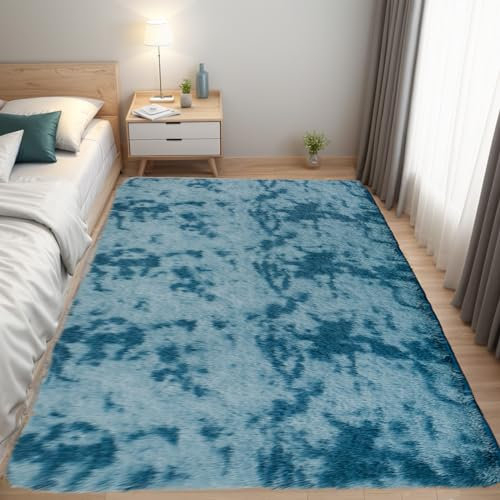 QUINZI Weiche Teppich Hochflorteppiche Moderne Flauschige Teppich Schlafzimmer Wohnzimmer Kinderzimmer Zottelteppiche rutschfeste teppiche(Blau,120x180cm)