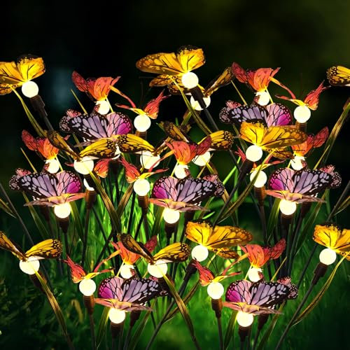 Schmetterling Glühwürmchen Solarlampen für Außen Garten, 2 Stück 10LED Schmetterling Glühwürmchen Solarleuchten Solar Garten Licht, IP65 Wasserdicht Solarleuchten für Hof, Terrasse, Gehweg Dekoration