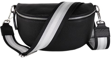 MIRROSI® Bauchtasche Damen, Echtleder, Made in Italy, Umhängetasche, Brusttasche, Crossbody Bag (1 Tasche & 2 Gurte) (Schwarz (Glitzer Schwarz), Mittelgroße Tasche (25x16x7cm))