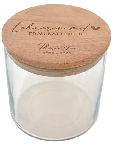 Glas Lehrerin mit Herz, Vorratsglas personalisiert, Glas Keksdose Lehrer, Geschenk für Grundschullehrerin, Dankeschön Erzieherin, Geschenkglas mit Gravur am Holzdeckel, Vorratsdose Glas mit Deckel