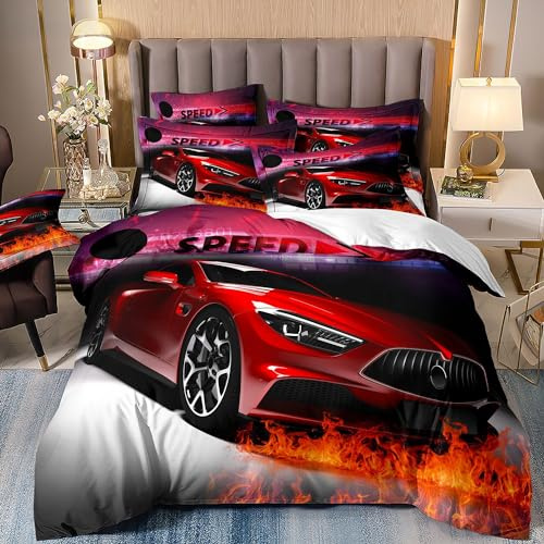 ZZTBQ Sportwagen Drucken Rot Rennwagen Bettwäsche Set 155x220 Kinder Bettwäsche Set Extremsport Themen Cool Speed Luxus-Auto Bettbezug und Kissenbezug für Kinder Jungen Mädchen Jugend Schlafzimmer