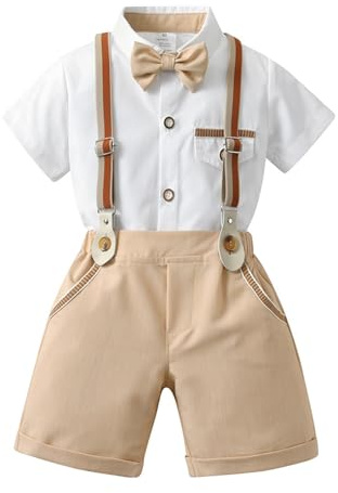 Volunboy Bébé Garçon Ensemble Costume, L'été Manches Courtes Noeud Papillon Chemise avec Short Bretelle Barboteuse