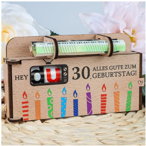 TUZELIYA Originelle 30. Geburtstag Geldgeschenk Holz - Duplo Schokoriegel Geschenkbox - Geschenkideen zum 30. Geburtstag Frauen Männer - OHNE Duplo