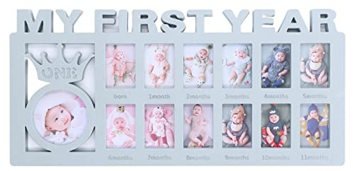 WPKD BLUEIY Baby Bilderrahmen,Erinnerung für Erste Jahr 12 Monate Fotorahmen Collage,Mein Erstes Jahr Erinnerung Wachstumsrekord für Neugeborene Babyparty(39x18,5x1,5cm,Blau)