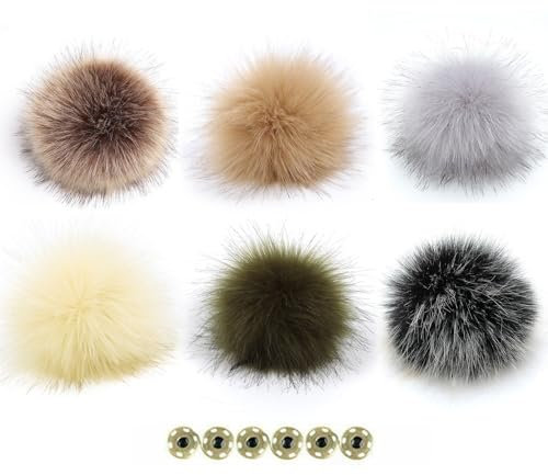 iDMRURvm 6 Stück Fellbommel Kunstfell Bommel Pompon Fellbommel Kunstpelz Flauschige für Hut mit Abnehmbarem Druck Knopf für Stricken Hut Schuhe Schals Tasche