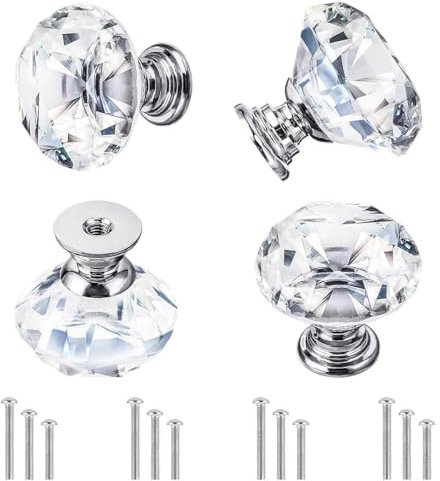 XXLKVSK 4Pcs 30mm Crystal Glass Cabinet Door Knobs Cabinet Knobs for Cupboards, Wardrobes, Dressers, Home Decoration with 3 Lengths of Screws (Silver)