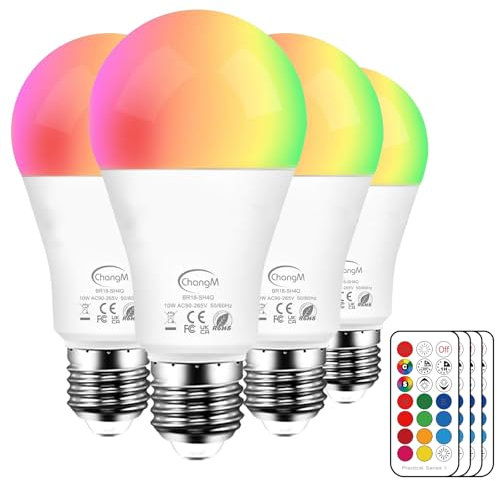 ChangM Lampadina a LED RGBW, Dimmerabile, RGB+ Bianco Caldo 2700K da 10W, Cambiare Colore Lampadina Multicolore con Telecomando, Perfetto per Party Decorazione, Confezione da 4