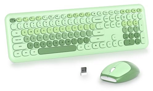 SOLIDEE Colorful Wireless Keyboard and Mouse Combo Set,2.4GHz Retro Typewriter,104 Keys Full Size with Number Pad,Silent Membrane Keyboard with Round Keycaps(US Layout QWERTY)(Light Green)