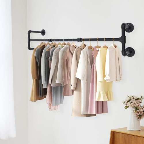 Tyvotrend Industrierohr Kleiderstangen Wandmontage Kleiderständer Abnehmbare Retro-Metall Garderobenstangen für Wohnzimmer Schlafzimmer, Schwarz, Tragkraft bis 40kg, 115cm