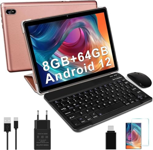 Tablettes 10 Pouces Android 12 avec 5G WiFi, 4GB RAM(4 Go extensible) 64 ROM 1TB Extensible, 8 cœurs 2.0 GHz, Bluetooth 5.0, 6000mAh, 2 en 1 Tablette Tactile avec Clavier et Souris et Cas, Or Rose