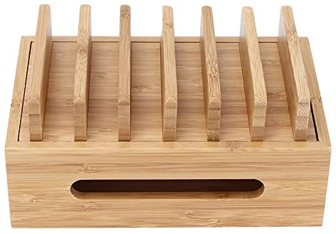 Tissting Bambusholz Smartphone Organizer, Bambus Ladestation für Mehrere Geräte Ladestation Organizer Tragbarer Storage Box Kabelbox Organizer