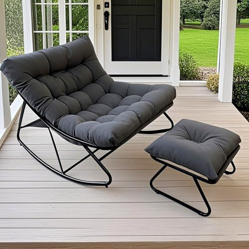 FUOIDYE Schaukelstuhl Schaukelsessel, Schaukelstuhl mit Hocker, Outdoor Lesesessel mit Gepolsterter, Extra Groß Wohnzimmer Relaxstuhl, Belastbarkeit bis 150kg, für Garten Balkon Terrasse (Grau)