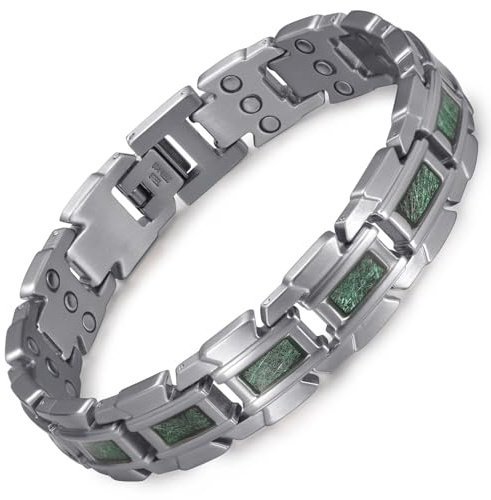 RainSo Bracciale magnetico da uomo, Scorpion Clamp a tre file, in acciaio inox, viene fornito con strumenti gratuiti per la rimozione di maglie e una scatola regalo per gioielli (argento e verde)