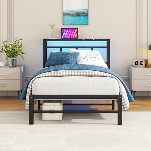 Lit 90 x 200 cm avec sommier à lattes en métal 90 x 200 cm avec éclairage LED - Lit en métal avec prise de courant et 2 fonctions de charge USB - Lit en métal avec tête de lit en bois - Espace de