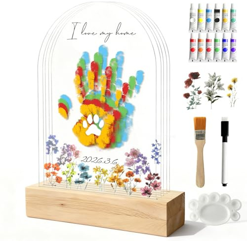 12 Farben Handabdruck Set Familie, DIY Personalisiertes Andenken Geschenk | Mild Acrylbeschichtung, 5 Acrylplatten, Pinienholz Basis, 3D-Anzeige, Fußabdruck & Handabdruck für Baby, Paare, Familie