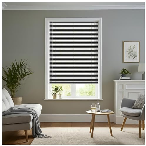 J.Din Made to Measure Black Plain PVC Window Venetian Blinds 90W x 150H cm | 25mm Slats, Easy Fit Custom Windows Treatment Shutters Child Safe Fittings Home Office Curtains