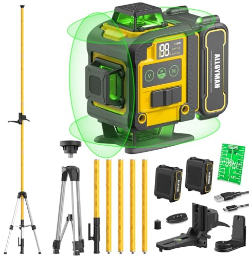 Alloyman 4x360°Self Leveling Laser Level, 12 Ft./3.7M Professional Laser Level Pole with Tripod, Green Line Lazer Leveler Tool with 2* Li-ion Batteries for Picture Hanging, Tile, Home Renovation