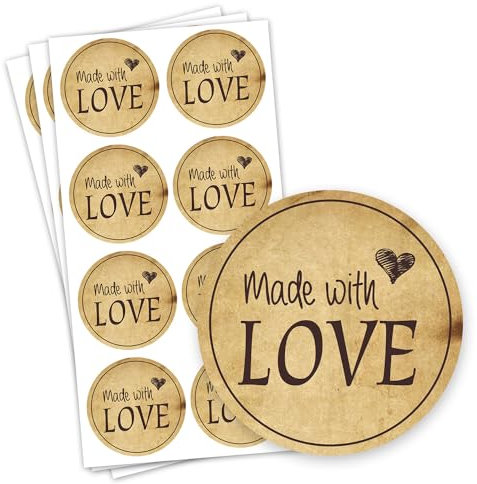 24 Aufkleber Made with Love - hellbraun | in verschiedenen Farben erhältlich | Ø 4 cm | Geschenkaufkleber | mit Liebe gemacht | div002