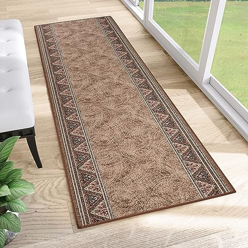 TAPISO Anti Rutsch Teppich Läufer rutschfest Brücke Meterware Oriental Floral Design Meliert Braun Beige Flur Küche Wohnzimmer 67 x 600 cm