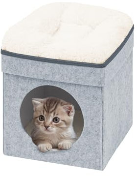 Bonlife Winter Small Cat House Indoor Foldable Felt Pets Bed Cave Kennel,Cat Condo with Lids,Cat Hideaway Warm Comfortable,Dark Grey,32X32X39CM