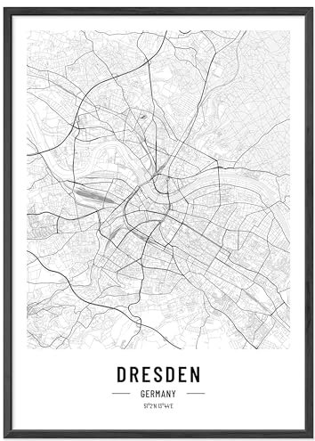 JUNOMI® Dresden Stadtplan Poster DIN A2 Schwarz, Modernes Wandbild, Stadtplan Poster, perfekte Geschenkidee für Dresdener