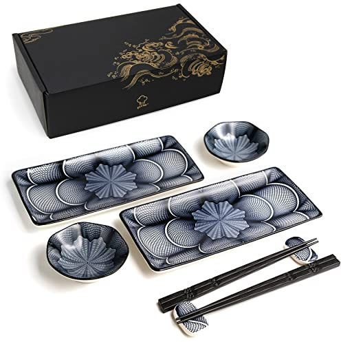ELUSH Set di 8 piatti da sushi rettangolari in ceramica in stile giapponese, 25,4 cm, 2 piatti per sushi, 2 piatti per salsa, 2 paia di bacchette, 2 supporti per bacchette