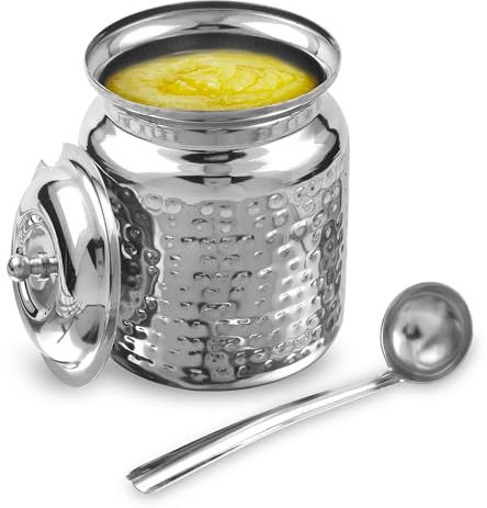 KSJONE Stainless Steel Hammered Oil and Ghee Container for Kitchen I Multipurpose Oil Container with Lid I Capacity of 500 ml