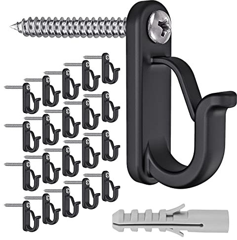 BeneLabel 20pcs Christmas Light Hook Screw-in Hanger for Outdoor Garden Hanging Plant, String Wire, Cups, Kitchen Utensils with Safety Buckle & Expansion Anchor, 4.5cm / 20lbs, Black