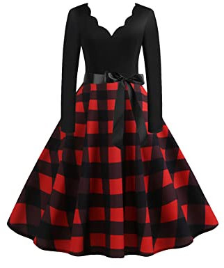 YMING Femme Robe Vintage avec Ceinture Robes Audrey Hepburn Robe À Carreaux Robes De Bal Élégantes Rouge Noir M