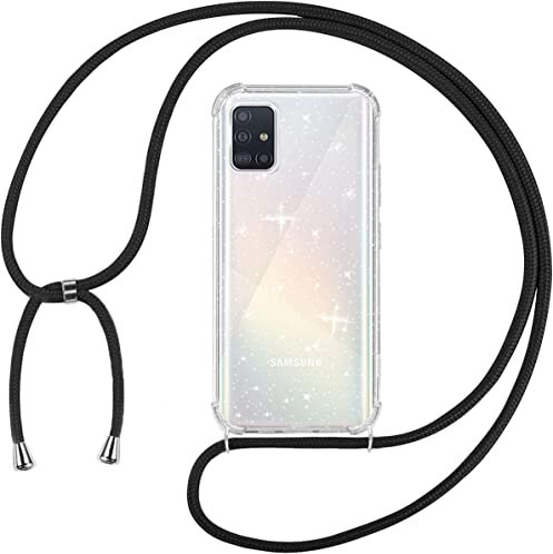 Tikgue Handykette für Samsung Galaxy A51 Hülle mit Band, Handyhülle mit Kordel zum Umhängen Schutzhülle mit Kette Glitzer Transparent Weich TPU Silikon Bumper - Schwarz