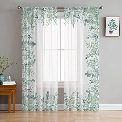 MANQILE Aquarell-Eukalyptus-Blätter, Abstrakter Fenstervorhang, transparenter Chiffon-Tüll-Vorhang für Zuhause, Wohnzimmer, Hintergrunddekoration