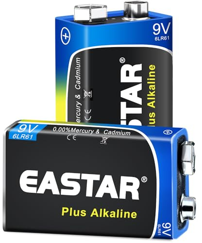 EASTAR BTS - 9V Alkaline Batteries (2 Pack) for Smoke Detectors, Long Lasting Power for Low Drain Devices, 6 Year Life, Multi-purpose Square Batteries, 6LR61