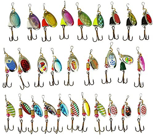 Amur Leopard Kit de 30pcs Señuelos de Cucharilla de Pesca de Trucha Cebos de Cucharilla Cebos de Pesca de Metal Anzuelo de Pescado, Color A, 30PCS
