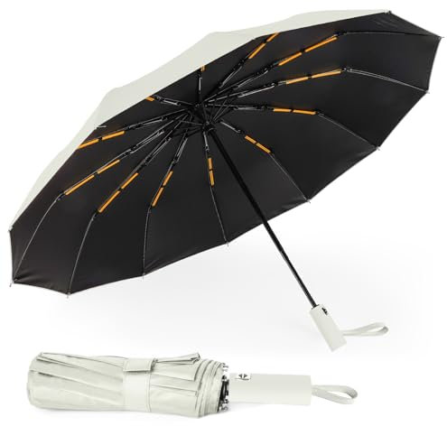 LAMA Regenschirm Auf-Zu Automatik Klappschirm Taschenschirm Winddicht mit Extra Robust 12 verstärkte Rippen Sturmfest 210T Nylon Schirm Anti-UV Reiseschirm Faltbarer Regenschirm, Bergahornbeige