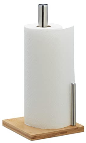 Relaxdays Support à essuie-Tout, Bambou & Acier Inoxydable, Barre d'arrêt, HxLxP : 35 x 16 x 16 cm, Nature - argenté