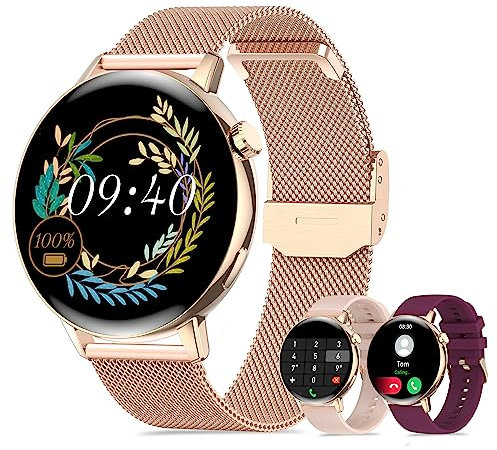 Iaret Reloj Inteligente Mujer Redondo con Llamada,1.32 Smartwatch con Seguimiento del Periodo, 20+ Modos Deportes, Pulsómetro, SpO2, Monitor Sueño, Podómetro para Android iOS, Regalo (Oro Rosa)