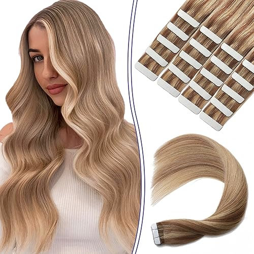 Sindra Tape in Extensions Echthaar Ashblond bis Bleach Blonde 20pcs 50g 55cm Seidig Gerade Real Human Hair Tape in Haarverlängerung Echthaar T#10/16/16 22 Zoll