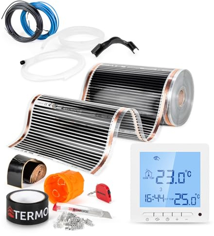 Termofol Elektrische Fußbodenheizung Heizfolie 230V - mit Thermostat H2 - Leistung 220 W/m2 - Oberfläche 12m² - Fussbodenheizung Elektrisch Komplettset fur Fußboden-, Wand- oder Deckenheizung