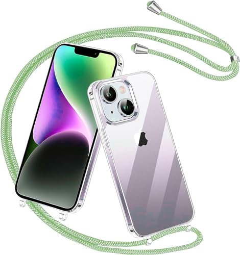 OUBELI Handykette kompatibel mit iPhone 15 Plus Hülle,Transparente Handyhülle mit verstellbarem Seil Weiches TPU und PC stoßfestes Schutzhülle, grün Seil