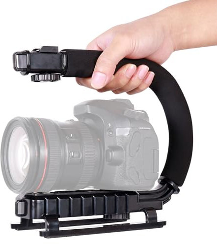DSLR Stabilizer, Handheld Video Action Stabilizing Handle Grip U Shape, 3 Hot Shoe， Professional Vlogging for Smart Phones, DSLR Mirrorless, & Video Camera, Camcorder