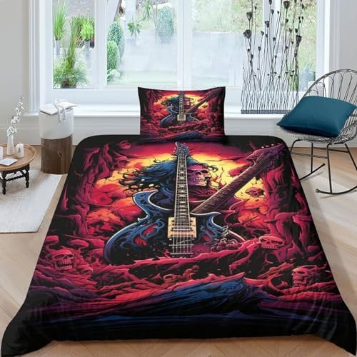 Rock 'n' Roll Bedding Set,3D Heavy Metal Guitar Quilt Duvet Cover Sets,skull Bed Cover Soft,heavy Metal Guitar Duvet Set with Zipper Single(135x200cm)