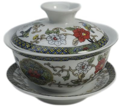 Liang Baobao Porcelain Gaiwan 5oz Teacup Gongfu Tea Cup Tureen Chinese Sancai Cover Bowl Lid Saucer Set (Bird and Flower)