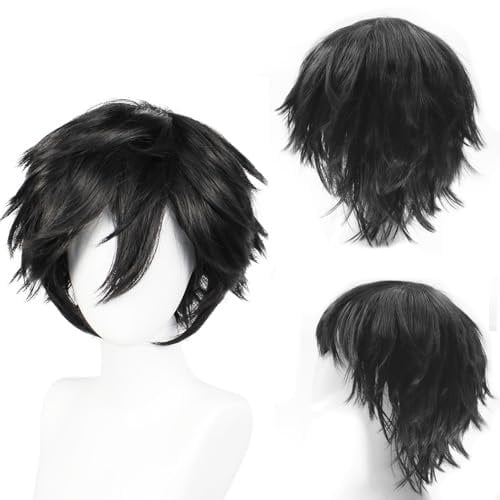 Dcbaboo Black Wig Short Curly Wig Men/Women Wigs Anime Cosplay Wig 12 Natural Fluffy Layered Straight Hair Unisex Halloween Wig Fancy Dress Synthetic Full Wig with Wig Cap