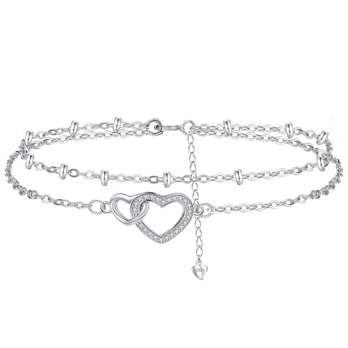 Hifeeled Doppel Herz Fußkettchen Damen Silber 925 Doppelkette mit Kugelperlen Fusskettchen Sommer Barfuß Strand Fußketten Verstellbar |22cm+4|